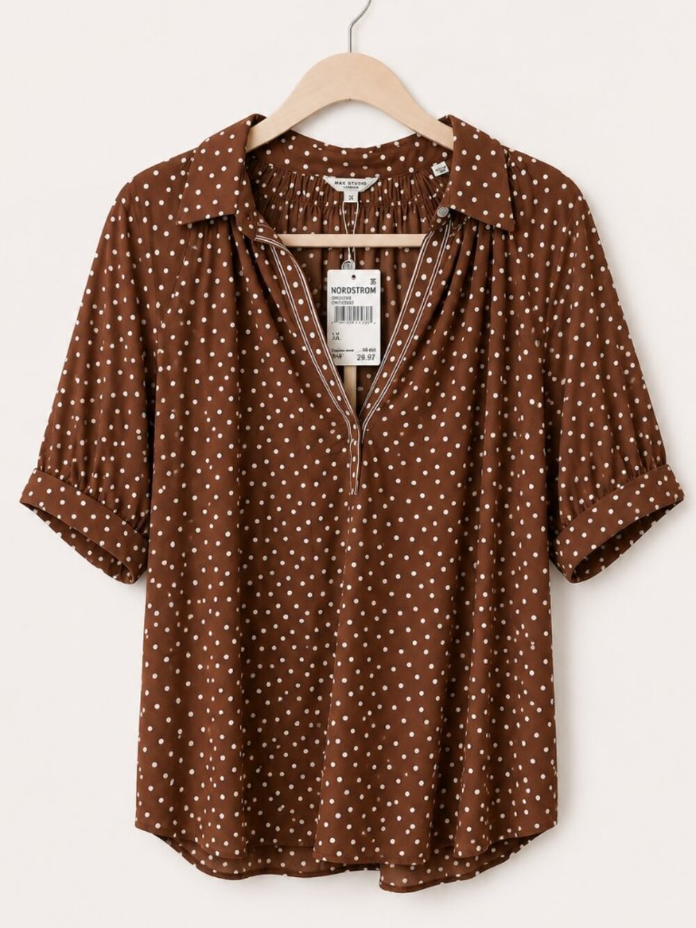 Max Studio Brown Polka Dot Blouse Women’s Size 1X Short Sleeve Collared Top NWT